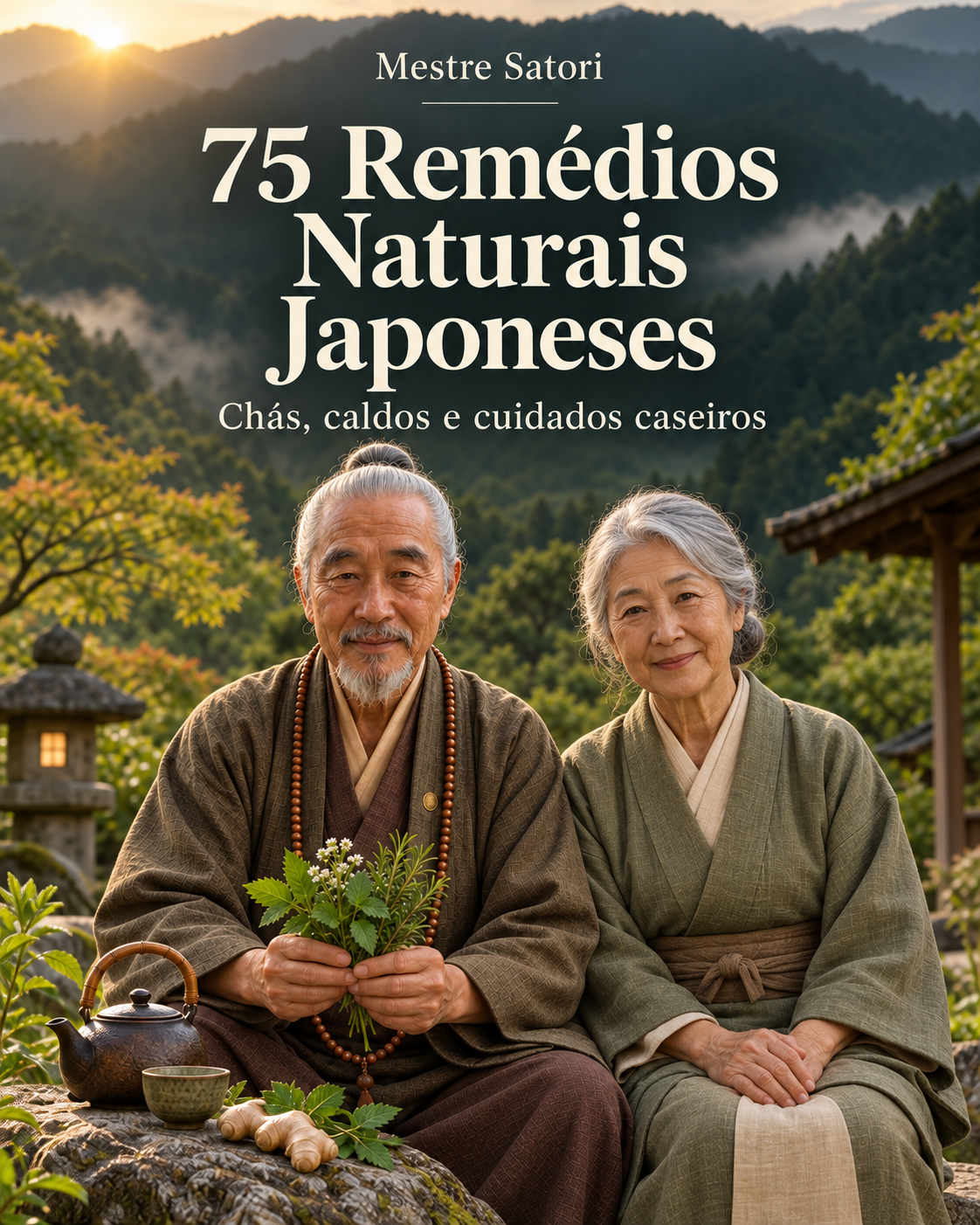 75 Remédios Naturais Japoneses — Mestre Satori e uma mulher japonesa sentados lado a lado em um jardim. Chás, caldos e cuidados caseiros.