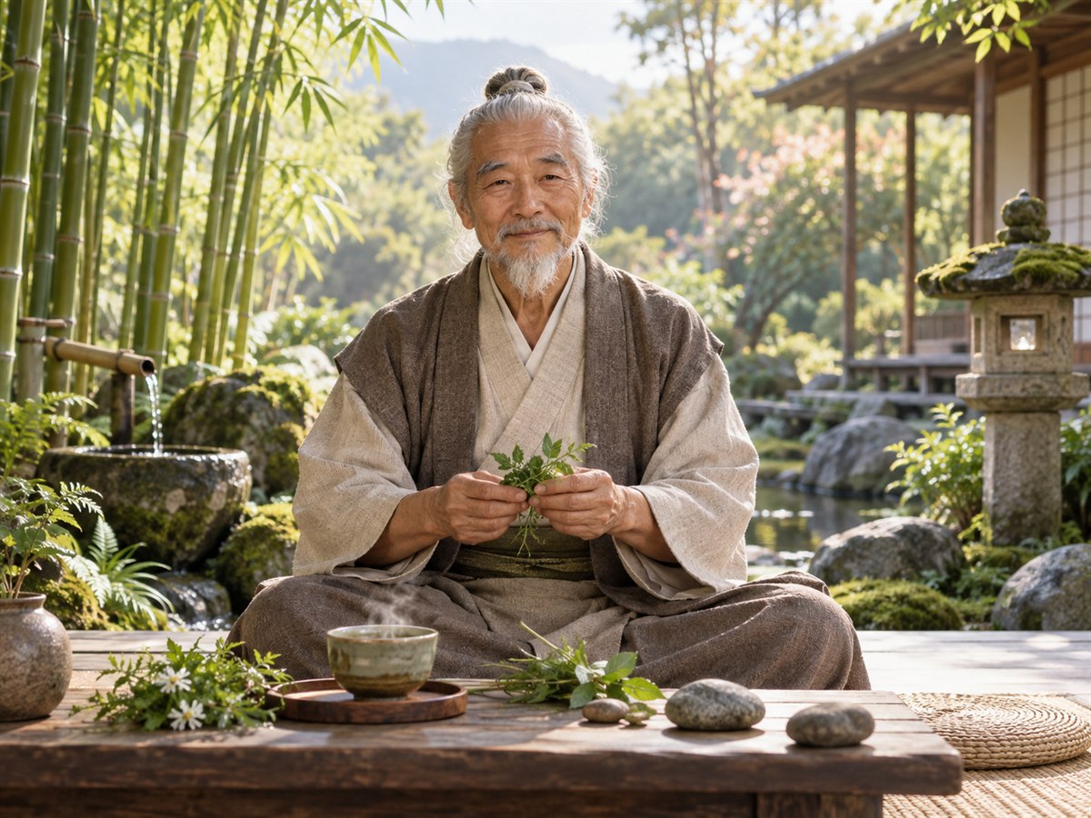 Mestre japonês segurando ervas em ambiente calmo, representando pausa e cabeça mais tranquila