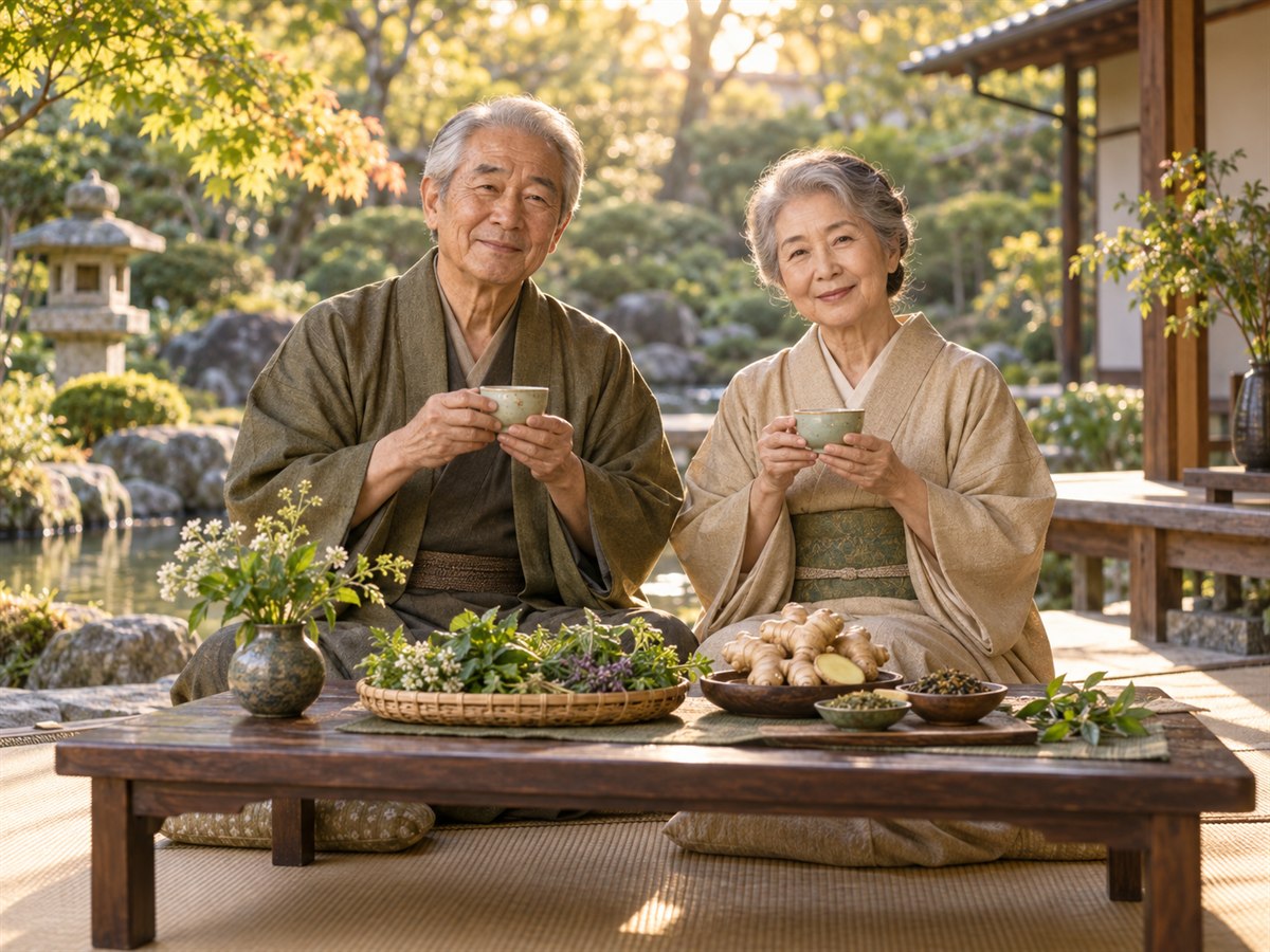 Casal japonês com chá e ervas, representando cuidados para inchaço e sensação pesada