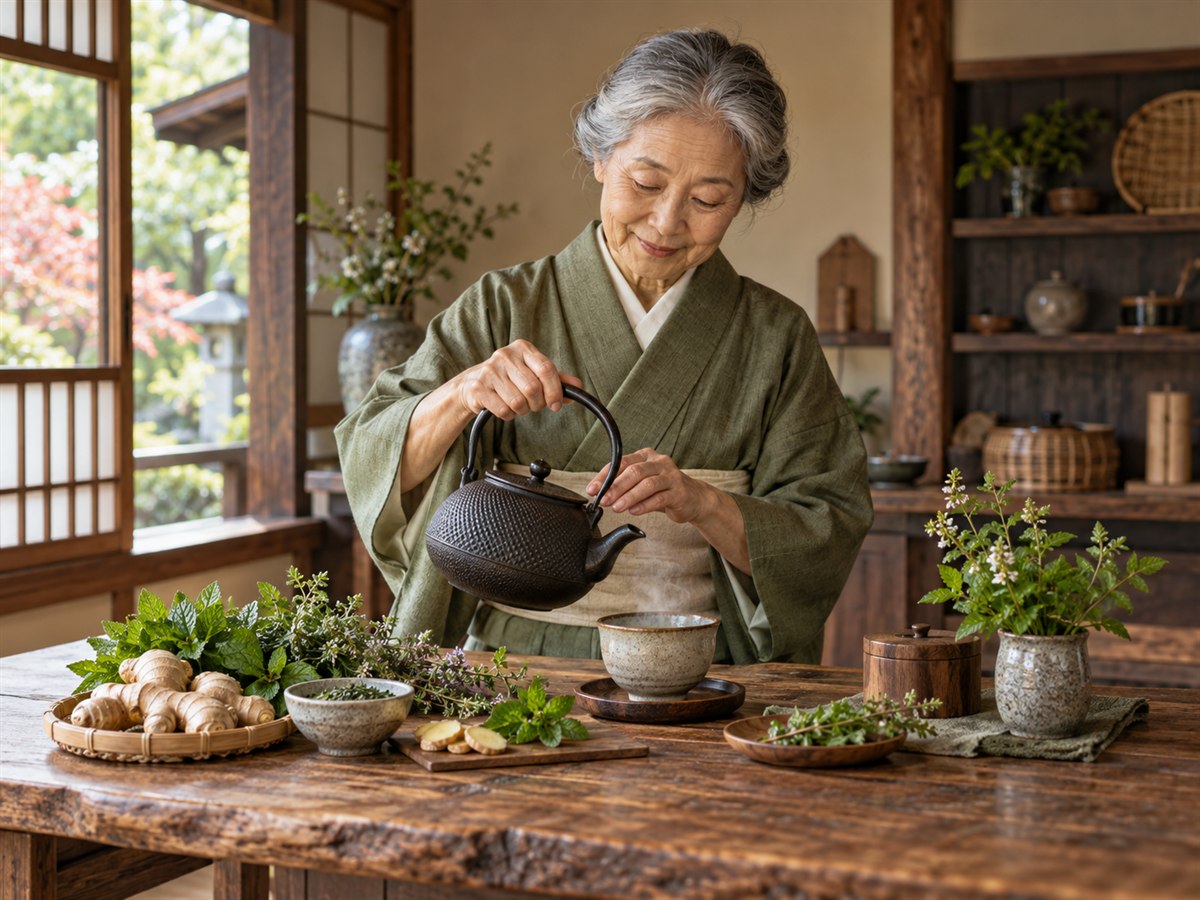 Chá natural com ervas em cozinha japonesa, representando cuidados para o intestino