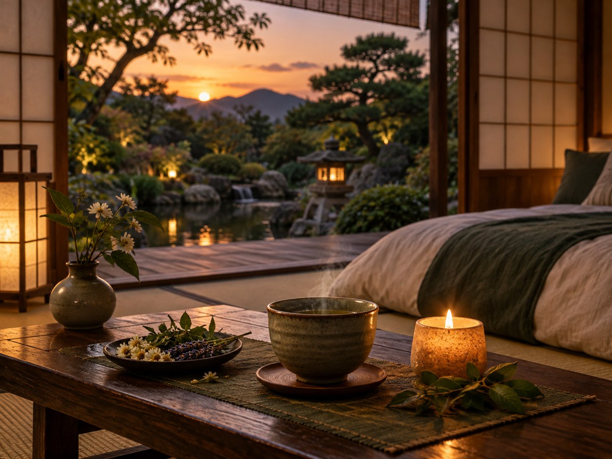 Jardim japonês ao pôr do sol com chá, representando rotina noturna mais calma