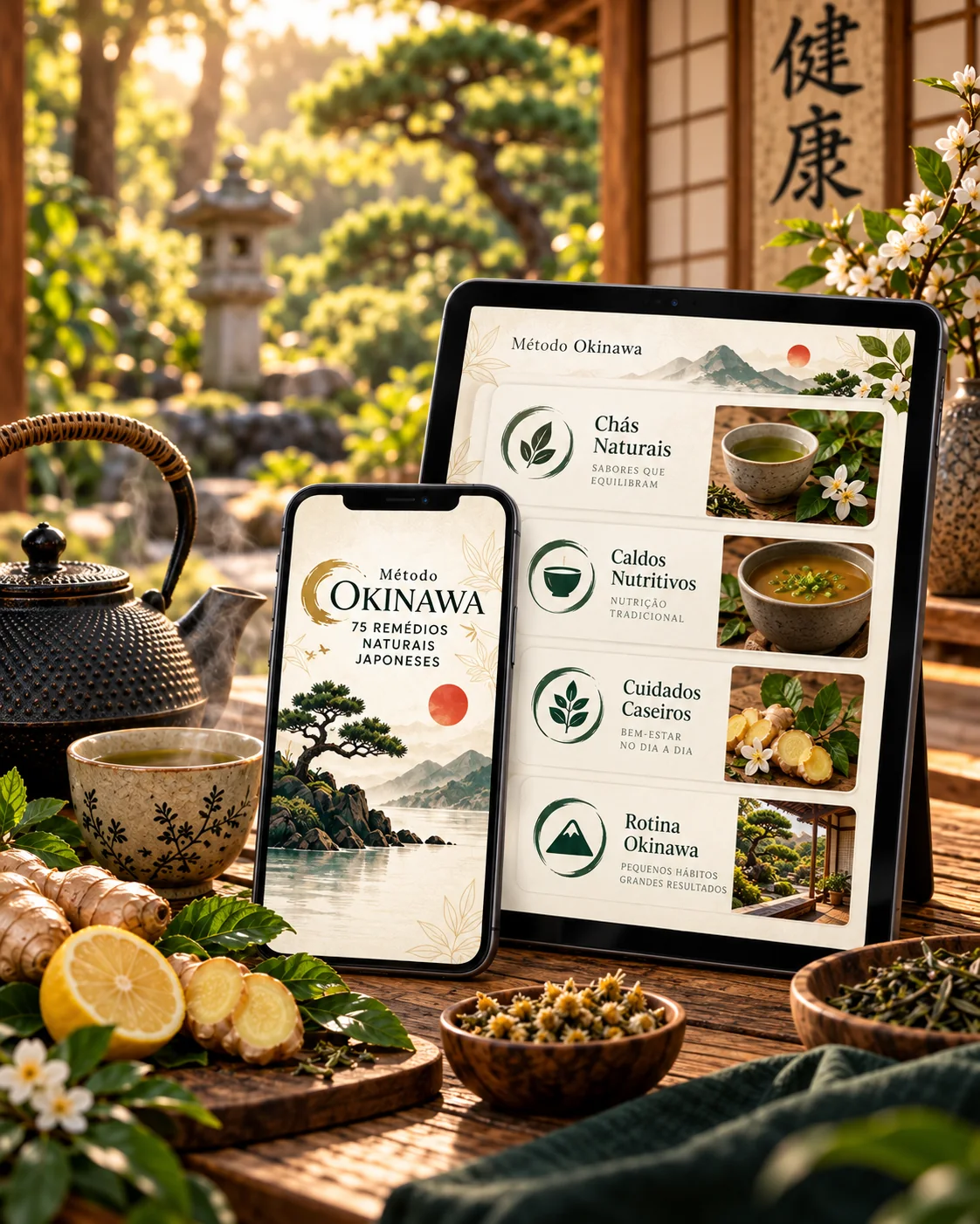 Método Okinawa em formato digital aberto no celular e no tablet, ao lado de chá, gengibre e ingredientes naturais.